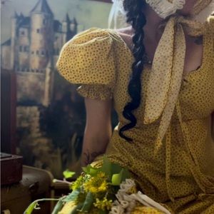 3 Piece Handmade Vintage Yellow Calico Dress Bonnet and Bag